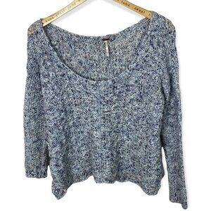Free People Crochet Knit Boho Sweater Oversized Blue Grey Size XS Scoop Neck Top